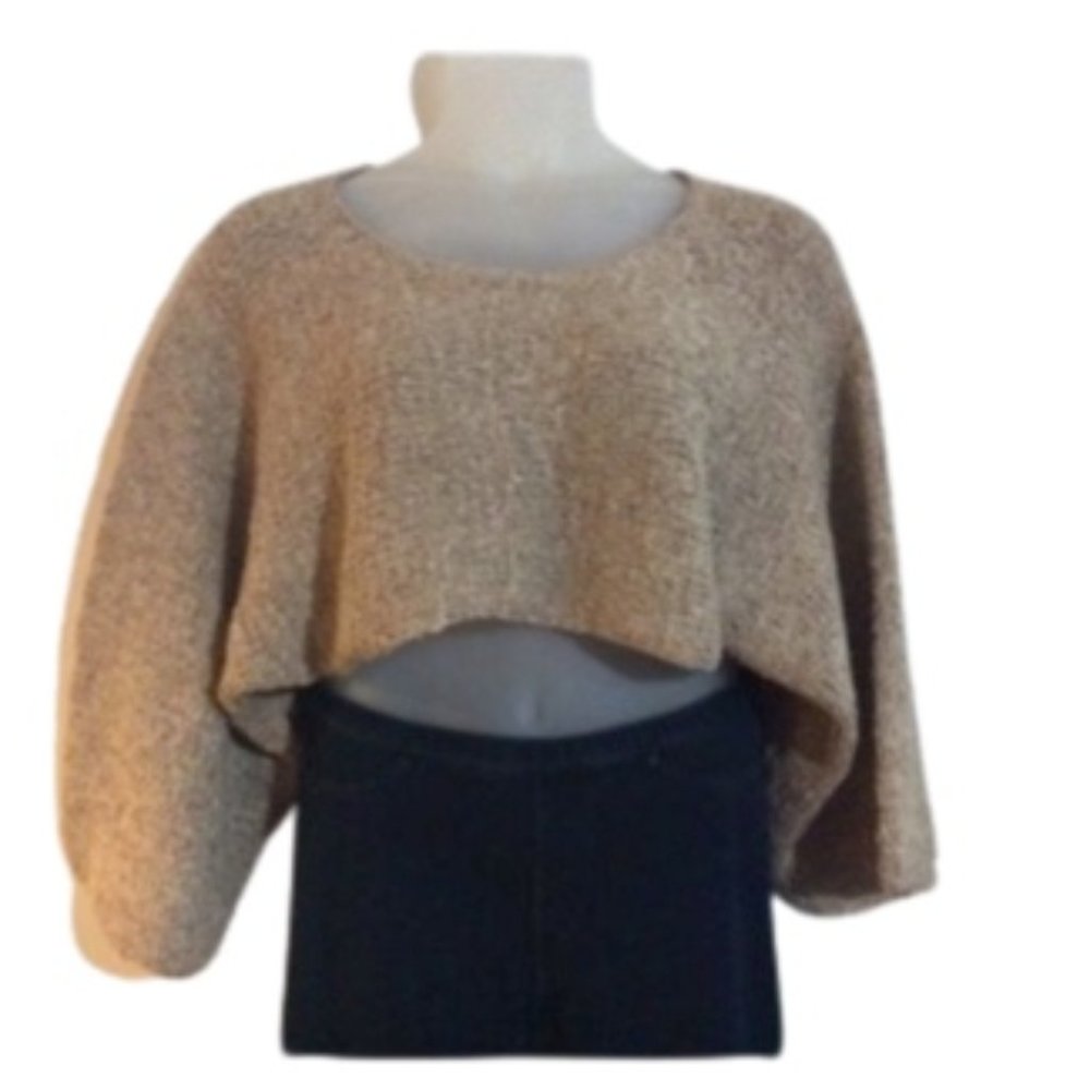 Simply Greta Tan Woven Crop Sweater w/Bell Sleeves
